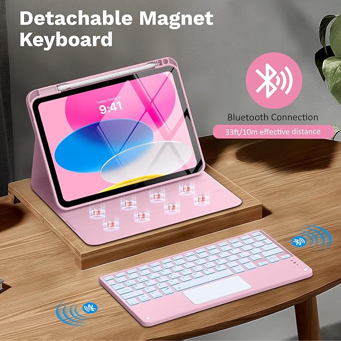 MoKo Touch Keyboard Case for iPad (A16) 11th Generation 11 inch 2025, iPad 10th Generation 10.9 inch Case with Pencil Holder, 7 Colors Backlit Multi-TrackPad Detachable Bluetooth Keyboard, Pink Marble