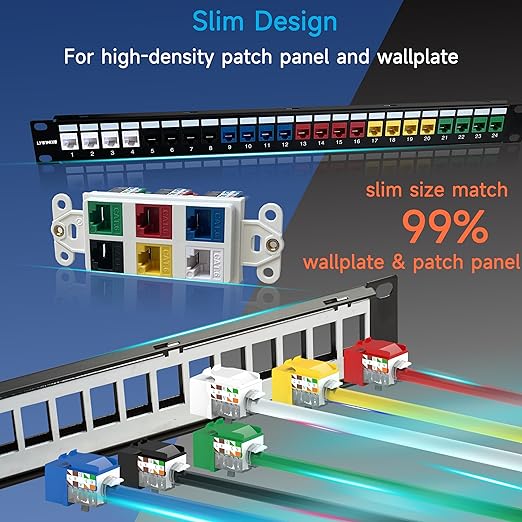 Keystone Jack Cat6 Slim 25 Pack, Keystone Jacks 90 Degree, RJ45 Keystone Jack Punch Down Blue, Cat6 Jack compatiable for Network WallPlate or Patch Panels