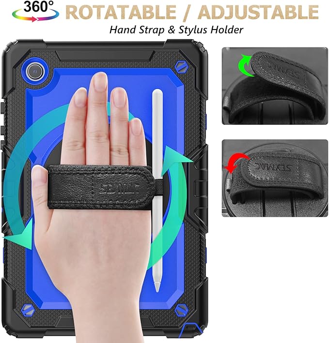 SEYMAC stock Case for Samsung Galaxy Tab A9+ Plus 11'', Full-Body Drop Protection Case with Screen Protector Pencil Holder [360° Rotating Hand Strap] &Stand, Blue+Black