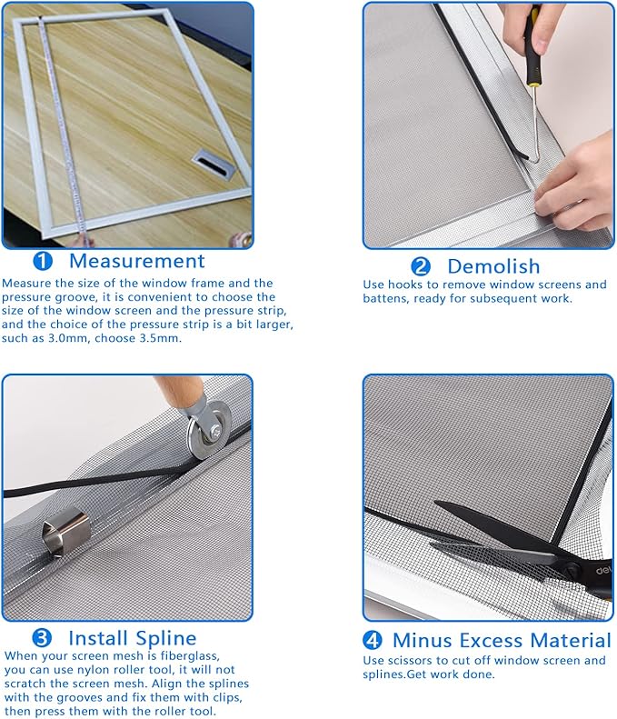 BAYTORY Upgrade Window Screen Repair Kit, Steel/Nylon Roller Tool with Bearing, Spline Removal Hook and 12Pcs Screen Clips Replacement for Installing Door Mesh Screens