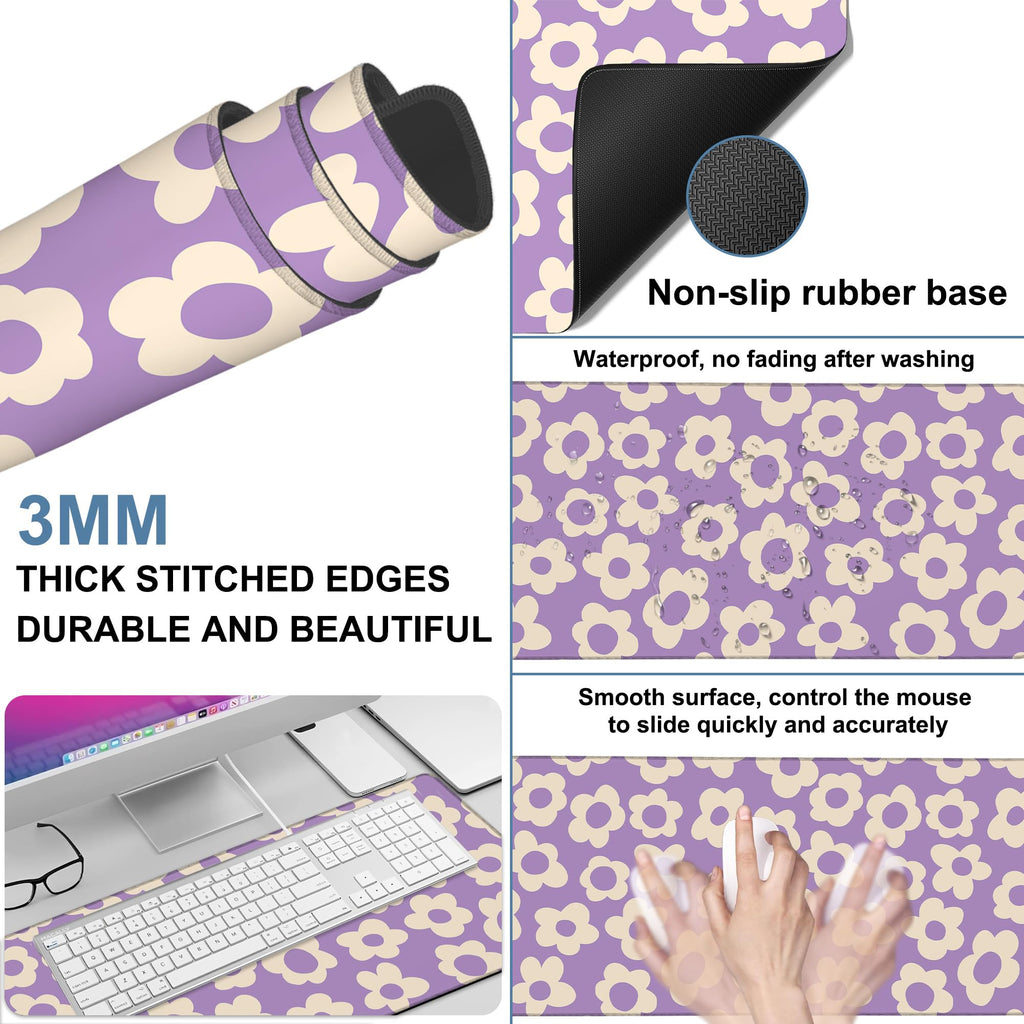 NITAHHHY Vintage Groovy Flowers Gaming Mouse Pad 3mm Thick Stitched Edge Waterproof Non-Slip Large Computer Keyboard Mouse Mat,Suitable for Office Entertainment Decorative Desk Pad 35.4 x 15.7 Inches