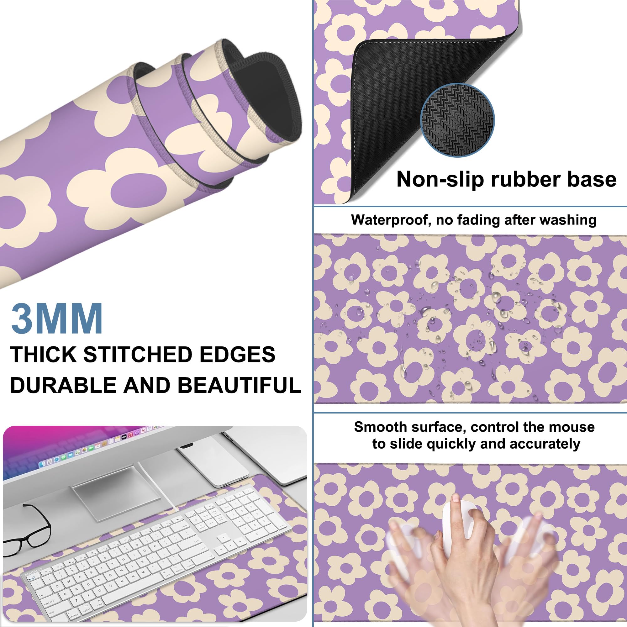 NITAHHHY Vintage Groovy Flowers Gaming Mouse Pad 3mm Thick Stitched Edge Waterproof Non-Slip Large Computer Keyboard Mouse Mat,Suitable for Office Entertainment Decorative Desk Pad 35.4 x 15.7 Inches