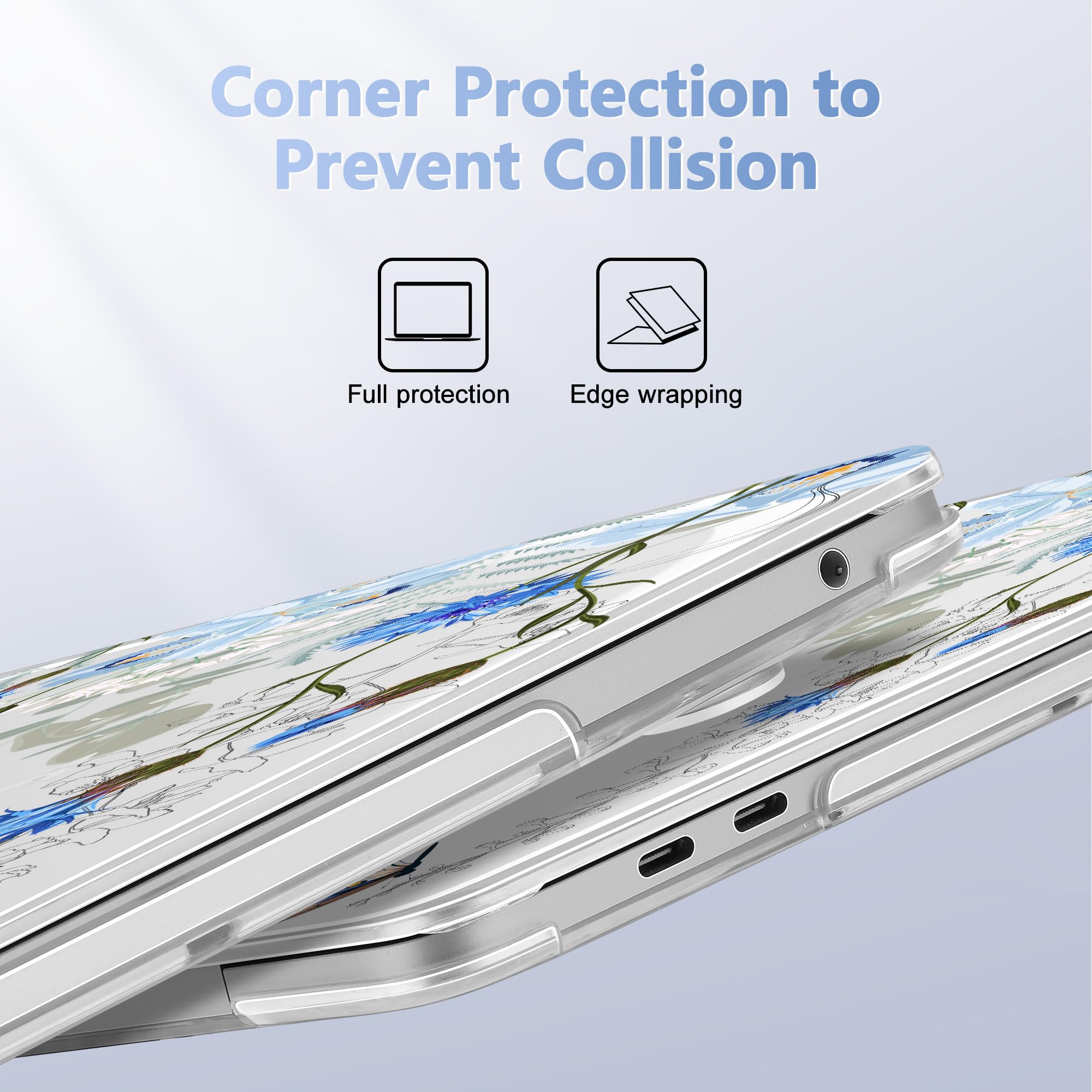 May Chen Compatible with MacBook Pro 13 inch Case with Touch Bar 2022 2021 2020 Release A2338 M1/M2 A2251 A2289, Plastic Hard Shell Case with Keyboard Cover + Dust Plug, Blue Flowers Leaves