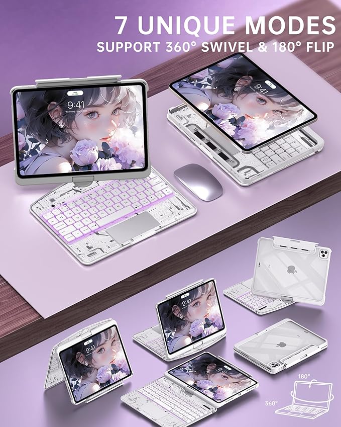 Intermerge Clear Keyboard Case for iPad Pro 13" (M4) 2024 Only, 360° Swivel Multi-Touch Trackpad, 7-Color RGB Backlit, Pencil Holder, Type-C, Power Indicator, Frost Pulse
