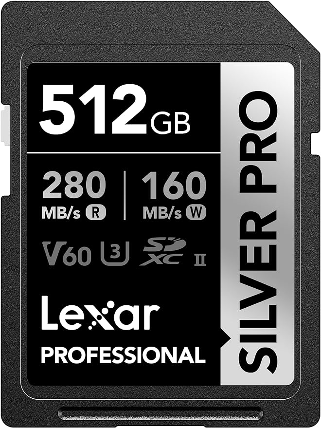 Lexar 512GB Professional SILVER PRO SD Card, UHS-II, C10, U3, V60, Full HD, 4K, Up To 280MB/s Read SDXC Memory Card, for Professional Photographer, Videographer, Enthusiast (LSDSIPR512G-BNNNU)