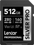 Lexar 512GB Professional SILVER PRO SD Card, UHS-II, C10, U3, V60, Full HD, 4K, Up To 280MB/s Read SDXC Memory Card, for Professional Photographer, Videographer, Enthusiast (LSDSIPR512G-BNNNU)