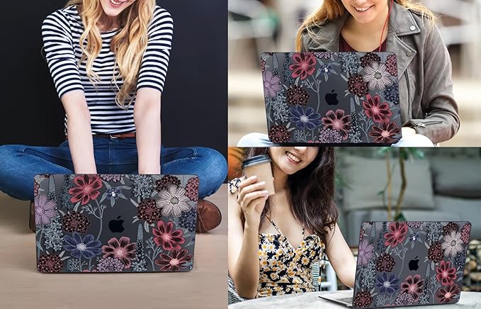CISSOOK Case for MacBook Air 13 inch M1 Chip A2337 A2179 A1932 2021-2018 Release, Protective Black Shell with Keyboard Skin + Screen Protector for MacBook Air 13-inch with Touch ID, Texture Flowers