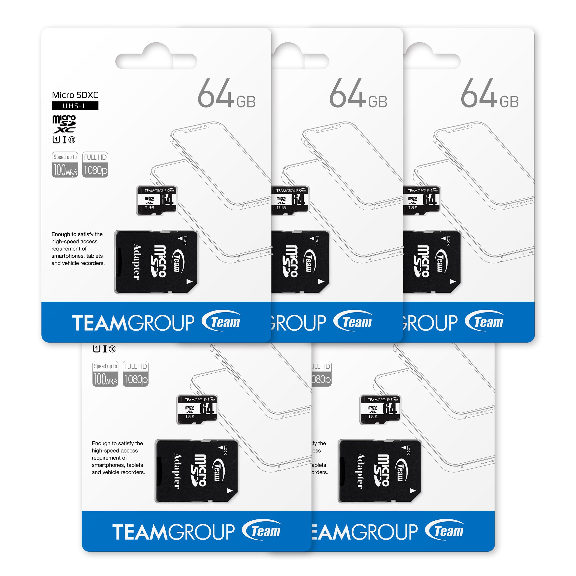 TEAMGROUP Micro 64GB 5 Pack UHS-I U1 Class 10 SDHC SDXC Read Speed up to 100MB/s High Speed Flash Meomry Card with Adapter for Camera, Surveillance, Full HD Shooting TUSDX64GCL10U63