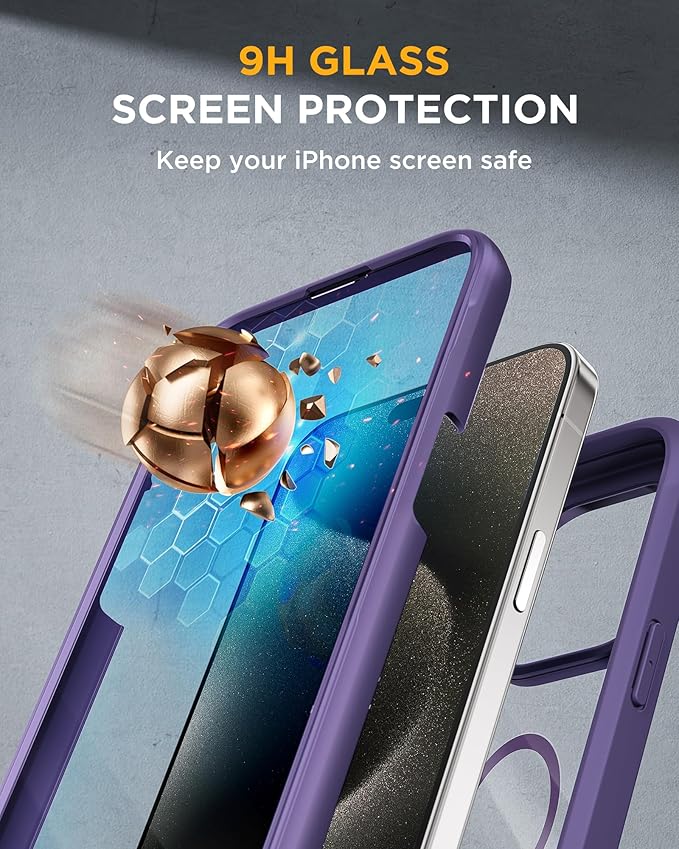 Miracase Magnetic for iPhone 15 Pro Case [Compatible with MagSafe] Full-Body Bumper Phone case with Built-in Glass Screen Protector& Camera Protector, Military Drop Proof 15 Pro Cover, Magnetic Purple