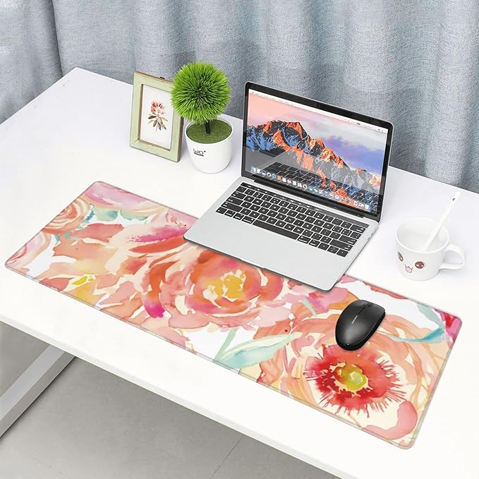 Pink Flower Large Mouse Pad Extended Gaming Mousepad 31.5 x 11.8 Inch with Anti-Slip Rubber Base Cute Office Decor Women Girls Computer Accessories Home Office Supplies