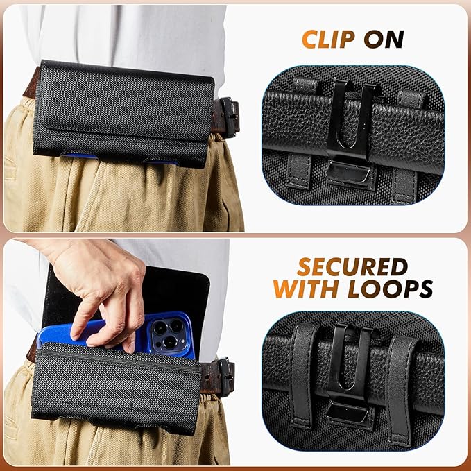 BECPLT for Galaxy S24 Ultra S23 Ultra S22 Ultra S21 Ultra Nylon Belt Holster Case Cell Phone Pouch Belt Clip Holder Phone Holster Pouch Cover for Galaxy Note 20 Ultra 5G Note 10+ Plus 5G A14 A71-Black