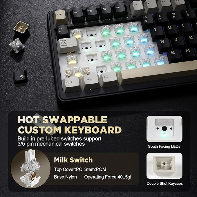 YUNZII B75 Mechanical Keyboard,75% Layout with Knob,Hot Swappable RGB Backlit Gasket Mounted, Creamy Typing, Double-Shot PBT Keycaps,Cherry Profile,for Win/Mac (Black, Milk V2 Linear Switch)
