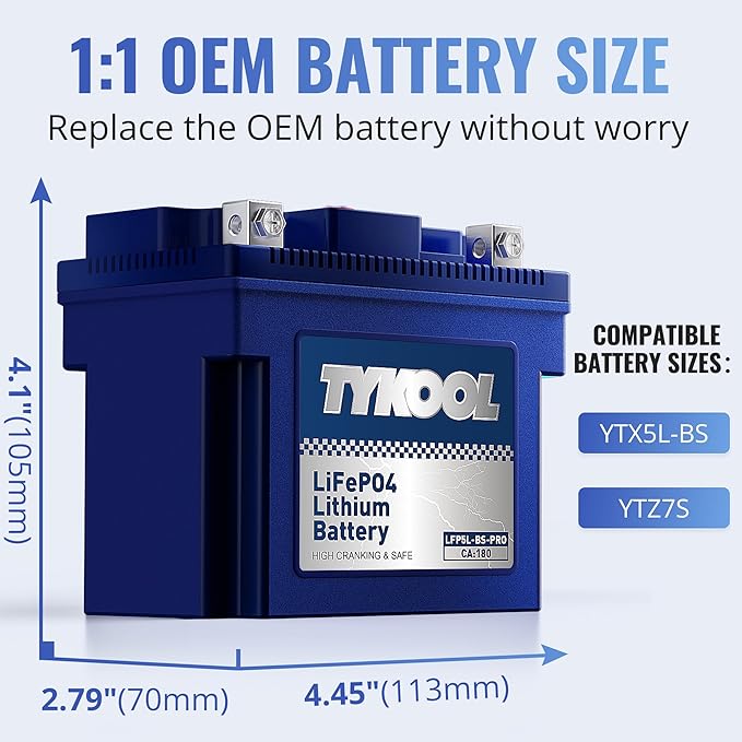 TYKOOL YTX5L-BS High Performance lithium LiFePO4 Motorcycle Battery,12.8V 3Ah,180CCA,Built in BMS,Powersports Battery,for ATV,4 wheeler,quad,dirt bike,Scooter,Lawn Mower,Generator