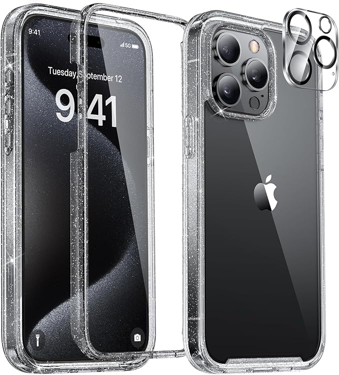 Miracase Glass Series for iPhone 15 Pro Max Case 6.7 Inch, Full-Body Drop Proof Phone Case for iPhone 15 Pro Max with Built-in 9H Tempered Glass Screen Protector + Camera Protector, Clear Glitter