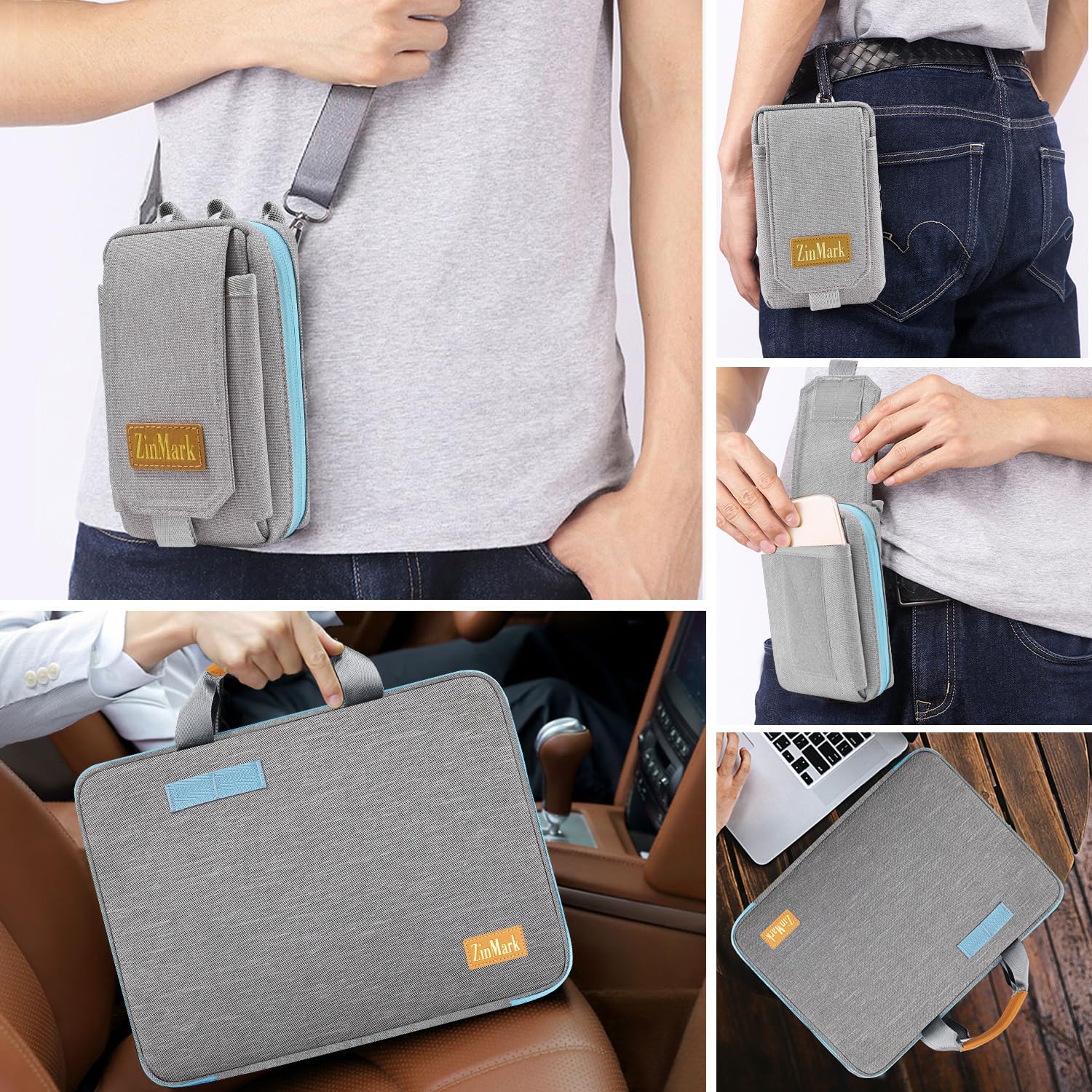 ZINMARK Laptop Case 15.6 Inch Briefcase Military-Grade Protection with Detachable Belt Bag, Compatible All Model of 15-16 Inch MacBook Pro and Most Popular 15.6 Inch Notebooks Chromebooks (Gray&Blue)