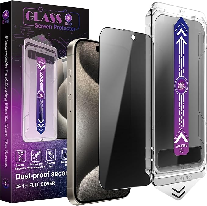 2 Pack Privacy Screen Protector for iPhone 16 Pro, 9H Tempered Glass, Full Coverage,Anti-Fingerprint, Auto Dust-Elimination, No Bubble, Easy Installation