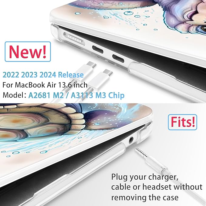 Mektron for 2024 M3 MacBook Air 13.6 Inch A3113 Case Fits 2022 2023 A2681 M2 Chip with Liquid Retina Display Touch ID, Printed Plastic Hard Shell Cover for MacBook Air 13.6", Cute Turtle