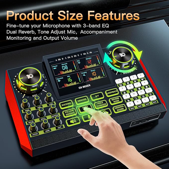 Audio mixer, suitable for live streaming, singing, and gaming on computers/phones; podcast mixer with real-time sound card, noise reduction function, and one-click mute function