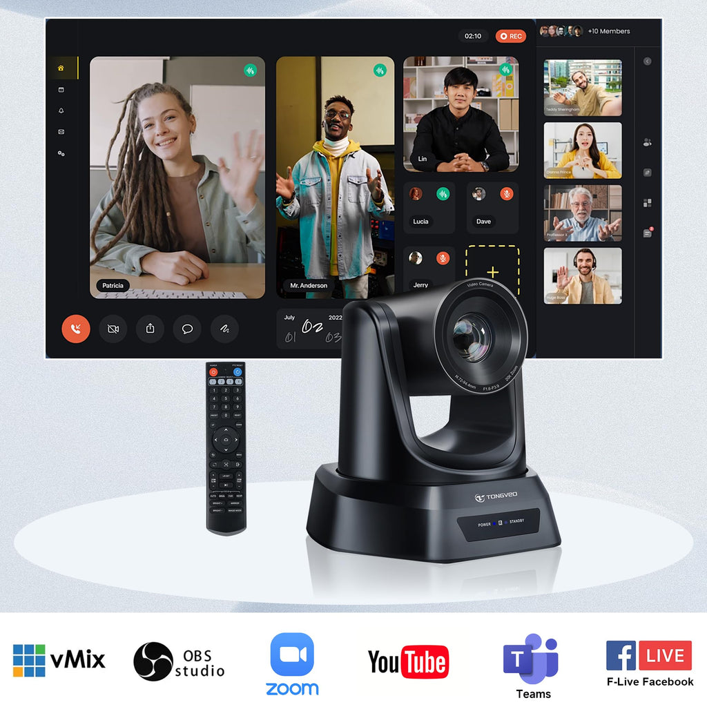 TONGVEO Wireless AI PTZ 20X Zoom Camera with Auto-Tracking: Built-in 5.8GHz Receiver for Cable-Free Setup, 1080P 60fps Conference Camera for Church Services, Online Classes & Hybrid Meetings