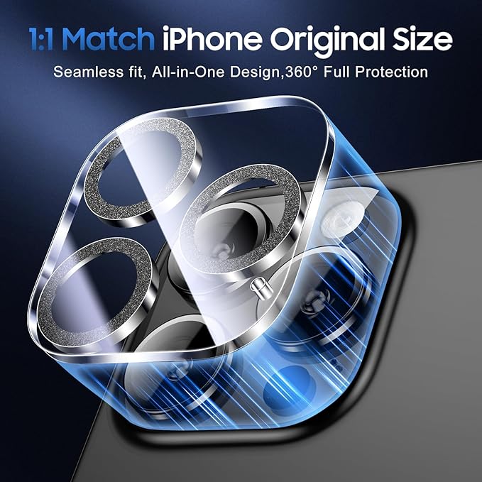 UniqueMe for 3 Pack iPhone 15 Pro/iPhone 15 Pro Max Camera Lens Protector, [Drop Protection] [Case Friendly] 9H Tempered Glass Camera Cover Screen [Update New Version] - Glitter Black