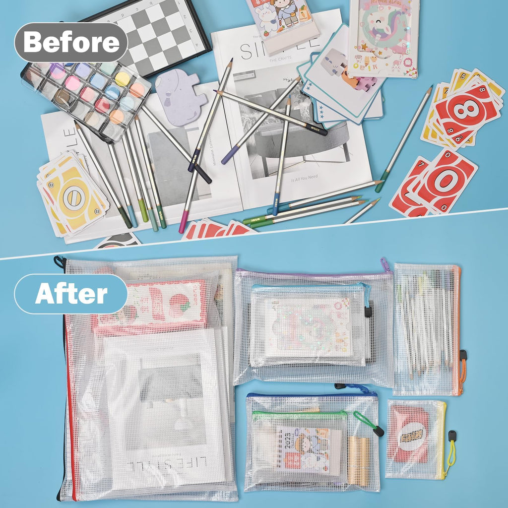 Krvyrn Multisize Mesh Zipper Pouches (20 Packs 9 Sizes) for Storage and Organization, Waterproof Mesh Pouches for Puzzle, Board Game, Toys, Travel, School, and Office Supplies