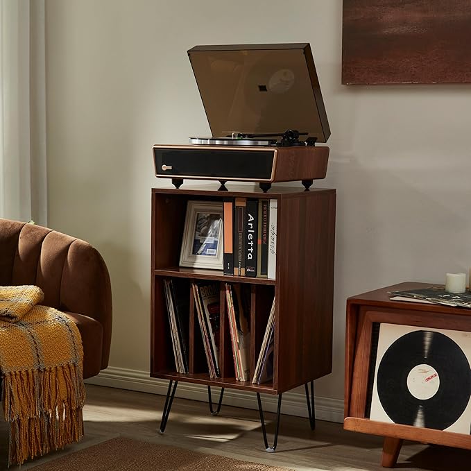Arkrocket Huygens High Fidelity Bluetooth Record Player with Built-in Speakers Belt Drive Vinyl Turntable with Moving Magnet Cartridge, Bluetooth Input Output and Aux-in (Huygens Walnut + Audio Rack)