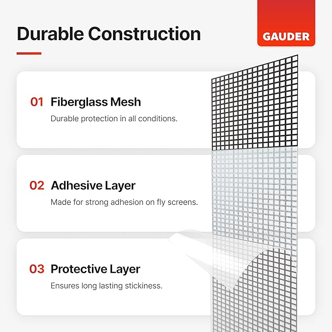 GAUDER Fly Screen Repair Patches - Insect Screen Repair Set Made from Fiberglass Self-Adhesive - for Door, Porch and Window (3 Patches - 5" x 7")