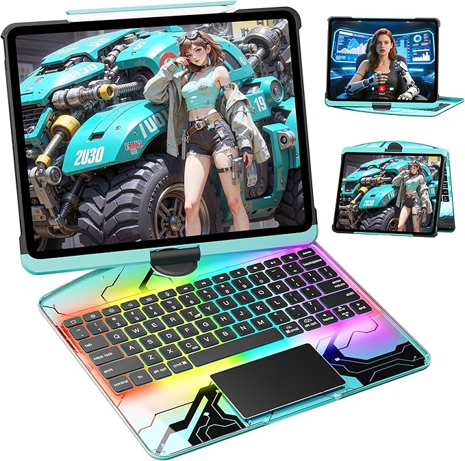 KITONE Transparent Case with Wireless Keyboard for iPad 11th Gen 11-in.(A16, 2025), 2022 iPad 10th Gen 10.9-in, 7 Colors Backlight, Trackpad, 360°Rotating Stand, Tech Style