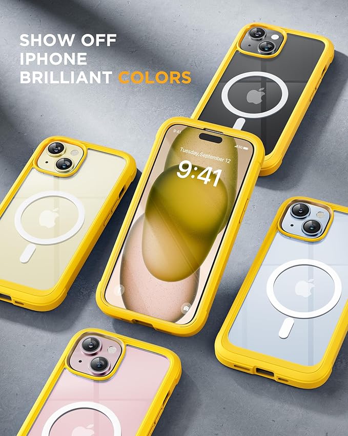 Miracase Glass Series for iPhone 15 Case [Compatible with MagSafe] Full-Body Magnetic Case with Built-in 9H Tempered Glass Anti-Fingerprint Screen Protector + Camera Lens Protector, Lemon Yellow