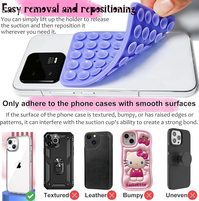2 Pack Silicone Suction Cup Phone Case Mount Double Sided, Hands-Free Strong Grip Silicon Phone Holder, Non Slip Phone Accessories for Selfies and Videos (Translucent)