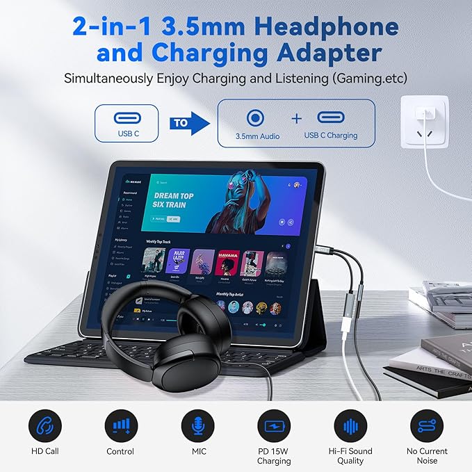 USB Type C to 3.5mm Headphone and Charger Adapter,2 in 1 USB C to Aux Audio Jack Hi-Res DAC with Charging for Earphones,Compatible with Samsung Galaxy S25/S24/S23/S22+ (USB-3.5MM, 1Pack)