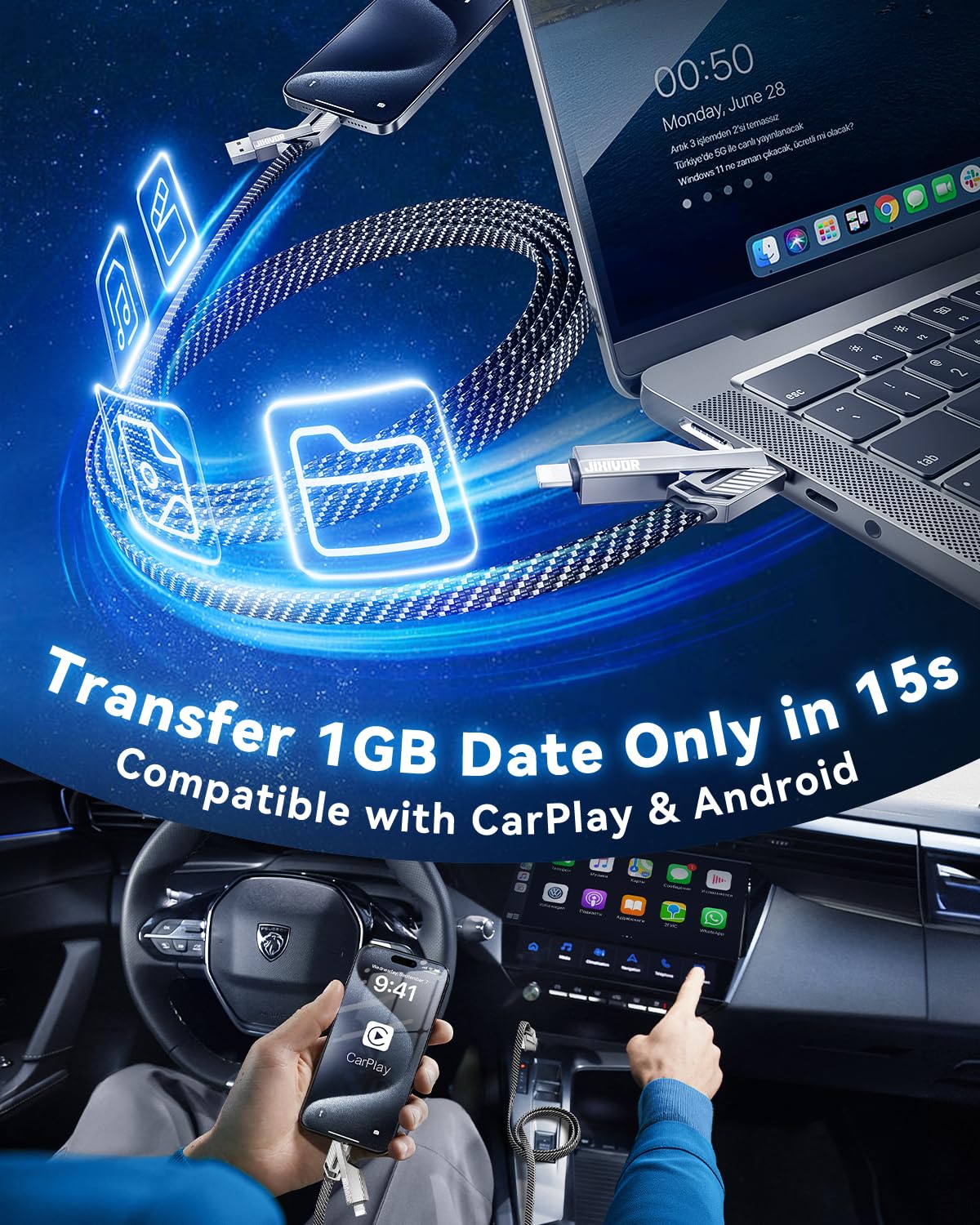 [One is Enough] 4-in-1 Compatible with USB C to Lightning Cable, 60W High-Speed Charging & Fast Data Transfer,CarPlay & Android Auto Support Multi Charger Cord Combo for iPhone/Samsung/iPad,5FT