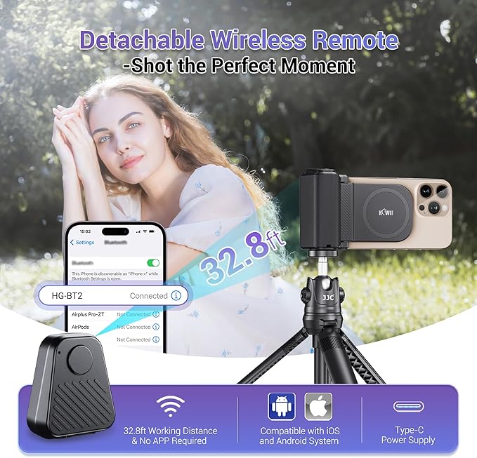 KIWIFOTOS Magnetic Phone Camera Grip for Magsafe Phone Tripod Handle with Bluetooth Remote & Tripod Mount Adapter for iPhone 16 Pro Max Samsung Smartphone Vlog Video Shooting (Black)