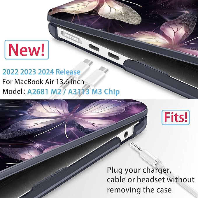 Mektron for 2025 M4 MacBook Air 13.6 Inch A3240 Case Fits 2023 A2681 M2 2024 A3113 M3 Chip with Liquid Retina Display, Printed Plastic Hard Shell Cover for MacBook Air 13.6", Glittering Butterfly
