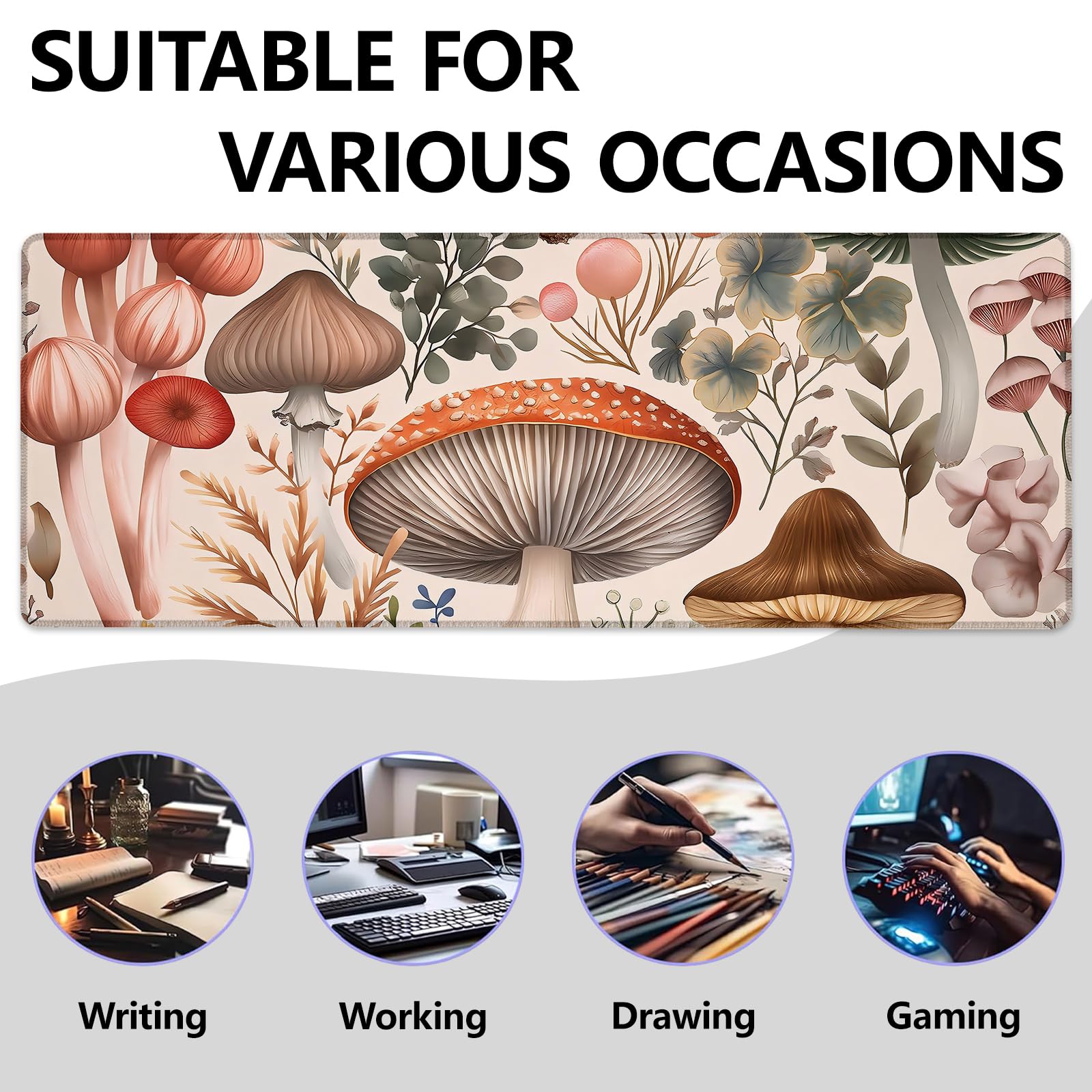 Mounidso Botanical Mushroom Large Mouse Pad, Gaming Mouse Pad, Keyboard Mat, Non-Slip Rubber Base, Office Accessories, Desk Mat, MousePads for School, Work, Home Decor Gifts 31.5" x 11.8"