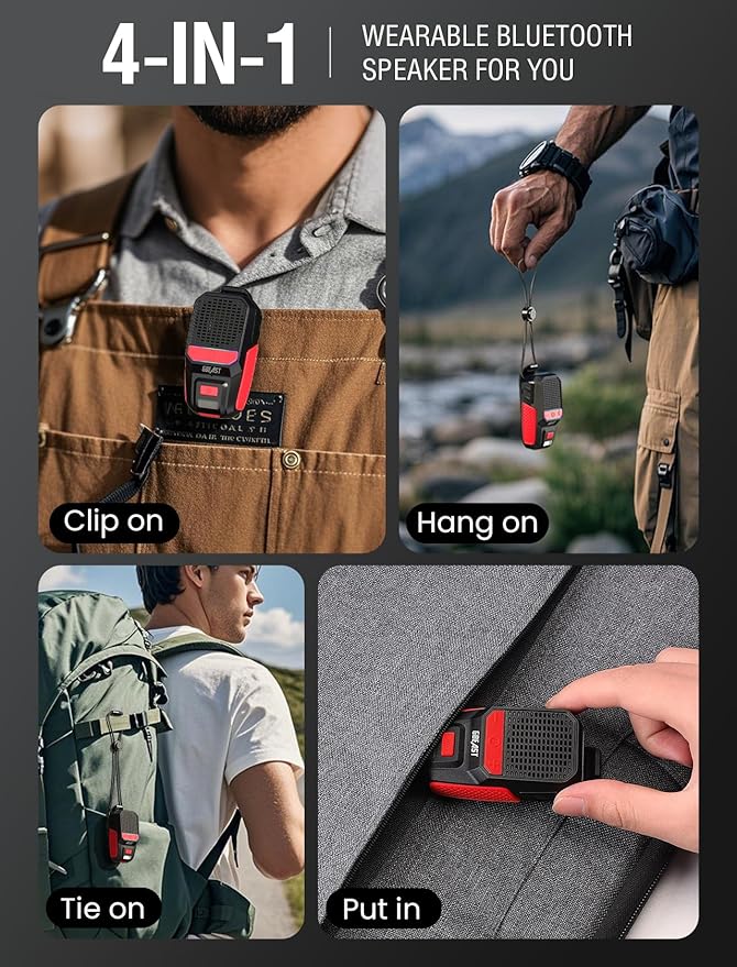 GBEAST Wearable Bluetooth Speaker with RGB/Flashlight, IPX6 Waterproof Clip-On Portable Speaker with 30H Playtime - Built-in Mic Hands-Free for Jobsite/Outdoor/Golf, TWS Portable Speakers (Red)
