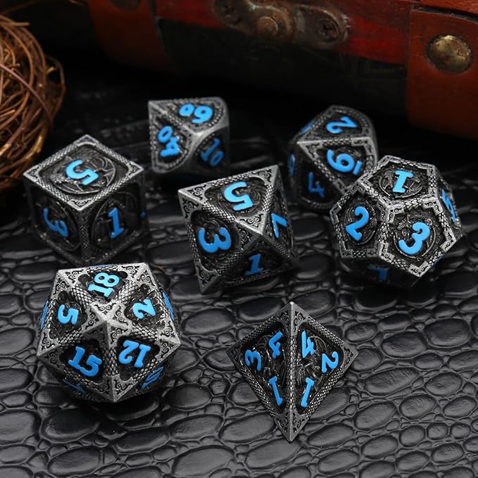 Haxtec Metal DND Dice Set Black Blue Dragon D&D Dice Set with Leather Dice Bag Metal Polyhedral Dice Compatible with Dungeons and Dragons Gifts TTRPG Dice