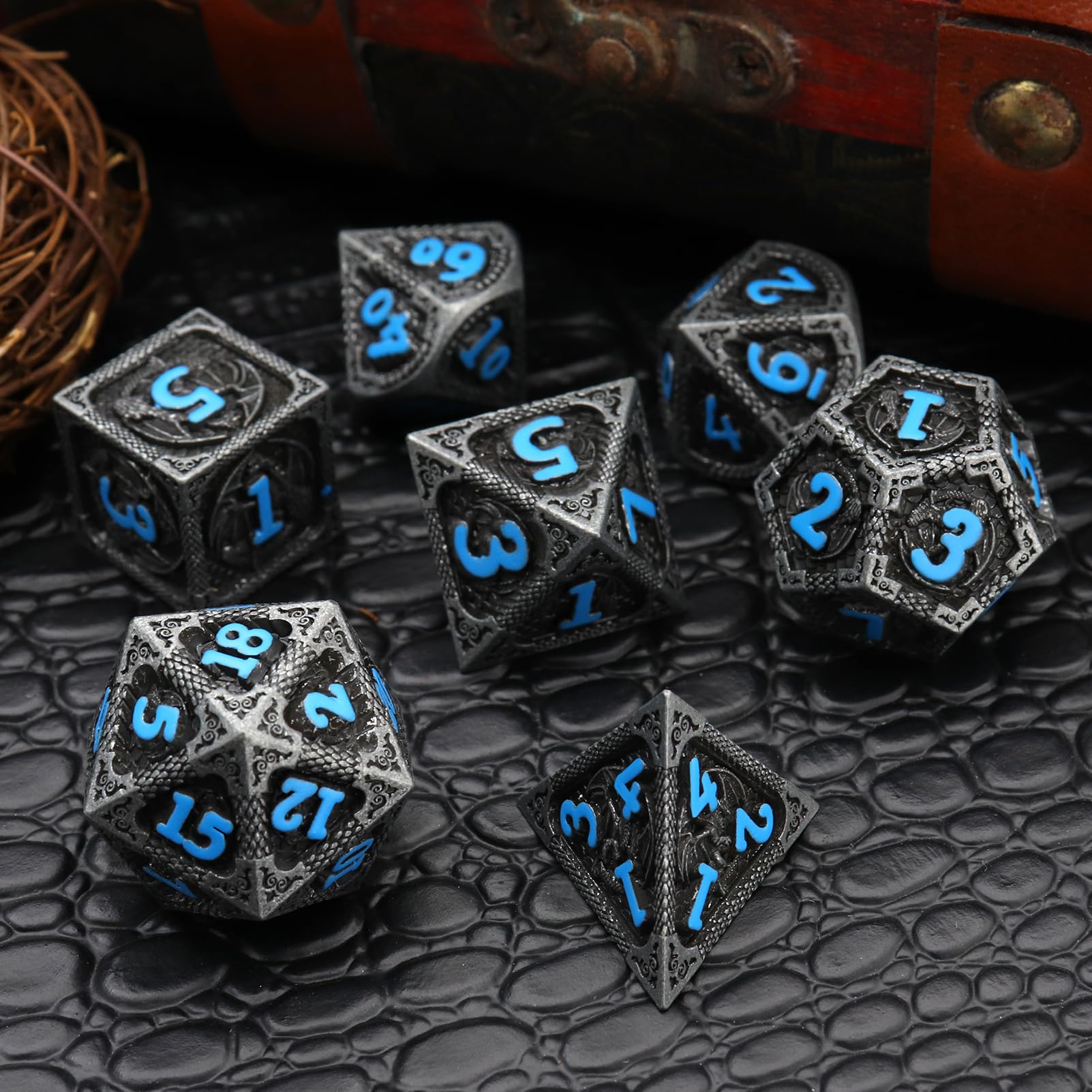 Haxtec Metal DND Dice Set Black Blue Dragon D&D Dice Set with Leather Dice Bag Metal Polyhedral Dice Compatible with Dungeons and Dragons Gifts TTRPG Dice
