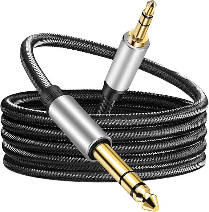 3.5 mm to 6.35 mm Audio Cable 30Ft,Gold-Plated Terminal Silver Color Zinc Alloy Housing 3.5mm 1/8" Male TRS to 6.35mm 1/4" Male TRS Nylon Braided Stereo Audio Cable for Cellphone, Amplifiers(30Ft/10M)