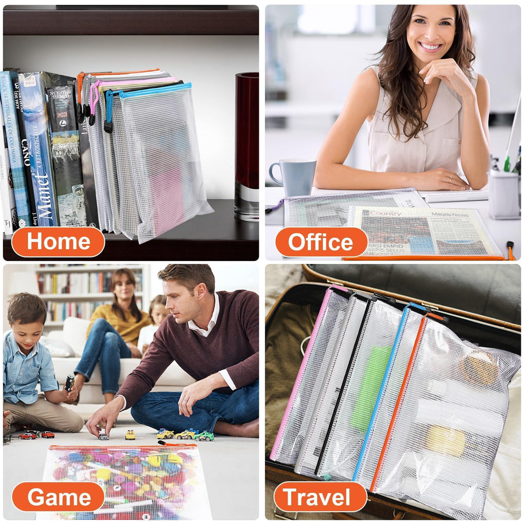 Krvyrn Mesh Zipper Pouches, 12 Pack A3 Waterproof Zipper Pouches for Board Game Storage, Puzzle Storage, Office and School Supplies, Home, Travel Organizer
