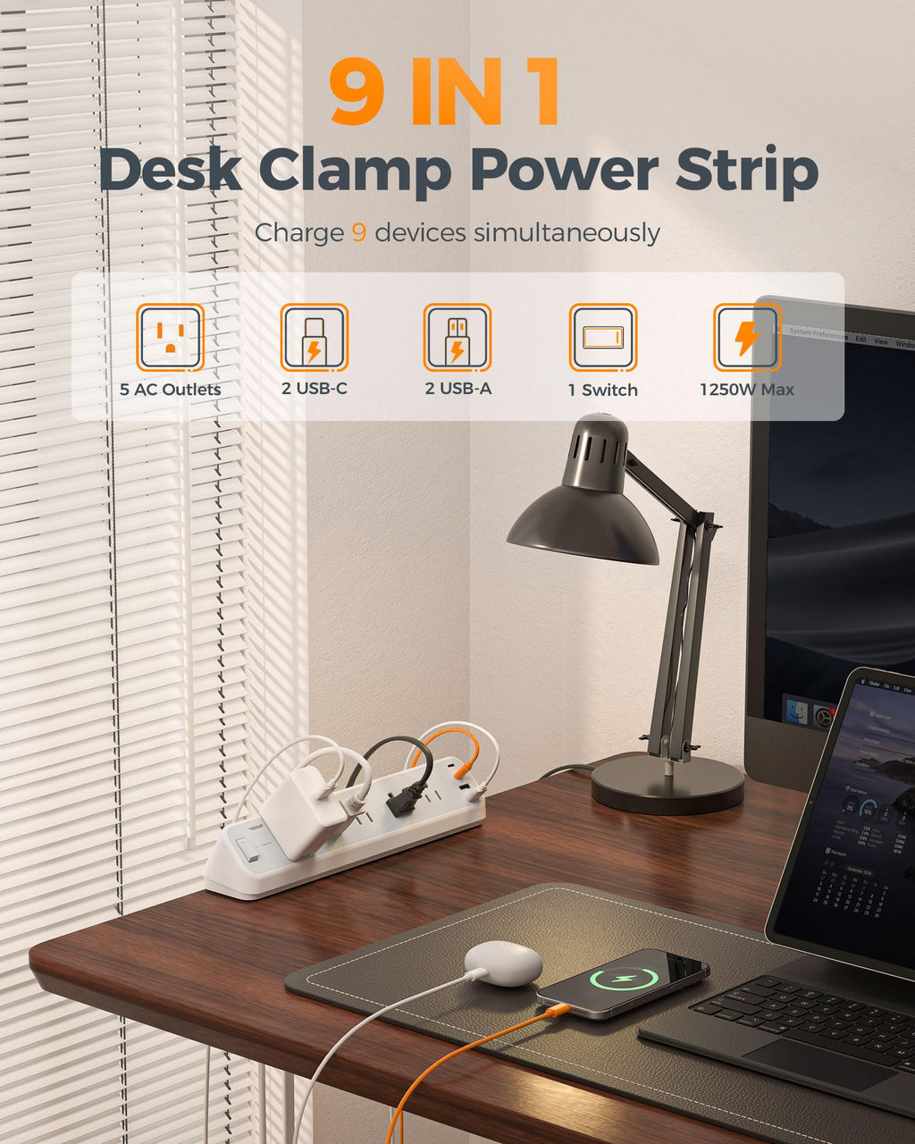 TESSAN Desk Clamp Power Strip 10 Ft with 2100J Surge Protector, Gray