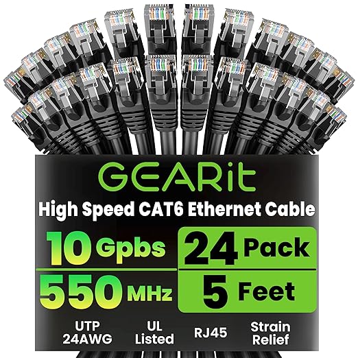 GEARit Cat 6 Ethernet Cable Pack - 24-Pack 5 ft Cat6 Ethernet Patch Cables | RJ45 Network Patch Cable, 10 Gbps Snagless Gold-Plated Connectors - Ethernet Cable Cat 6 for PC, TV, Router - Black