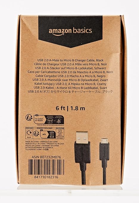 Amazon Basics USB-A to Micro USB Charging Cable, 480Mbps Transfer Speed with Gold-Plated Plugs, USB 2.0, 6 Foot, Black
