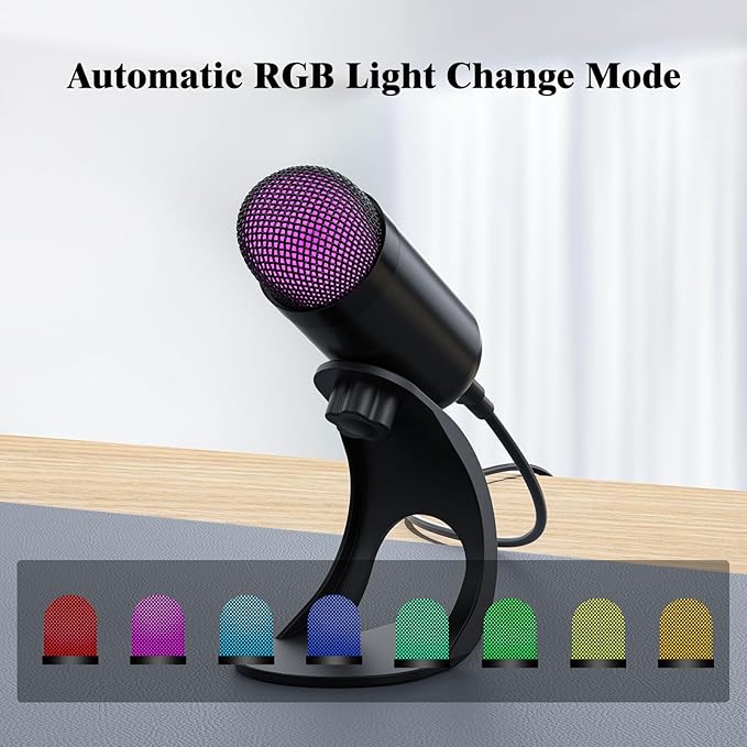 LIANGSTAR USB Computer Microphone, Podcast Mic Desktop with Mute Button for Recording Streaming, Color Change, Omnidirectional Condenser, Plug and Play with Stand for PC, Laptop, Mac, YouTube