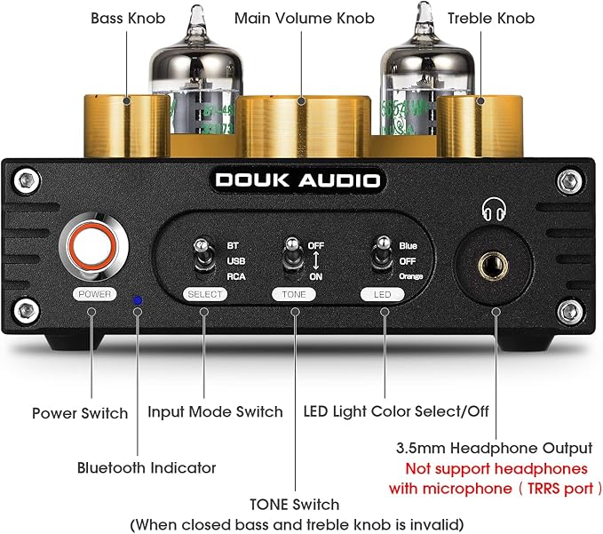 Douk Audio P1 Vacuum Tube Bluetooth Preamplifier, GE5654 Audio Preamp, Hi-Fi Headphone Amp, Stereo Wireless Receiver with USB DAC & APTX-HD for Home Theater Amplifier/Active Speaker