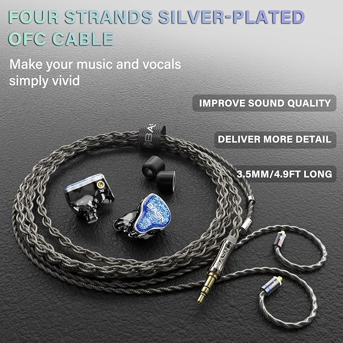 BASN Bmaster5 in Ear Monitors, 5 Drivers Drummer Headphones with Powerful Bass, Noise Isolation IEM Earbuds with Detachable MMCX Sliver-Plated OFC Cable for Musicians (Sapphire Blue, MMCX)
