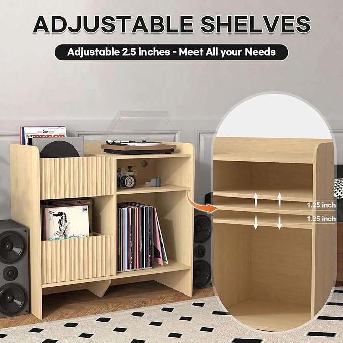 Record Player Stand with Vinyl Storage - Mid Century Modern Turntable Stand with Adjustable Shelves & Cable Hole, Record Player Table with 4 Cubes for Living Room, Bedroom, Oak