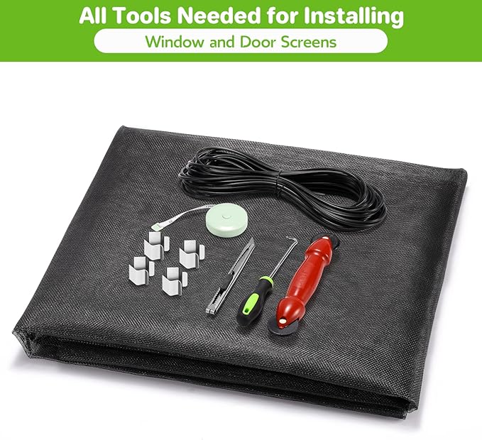 FLYZZZ Window Screen Door Repair Kit, 59‘’X118‘’ Fiberglass Mesh Replacement with Roller Tool/Hook/Spline/Cutter/Clips/Ruler, 7-in-1 Sliding Patio Door & Screen Door Repair Kit, Black