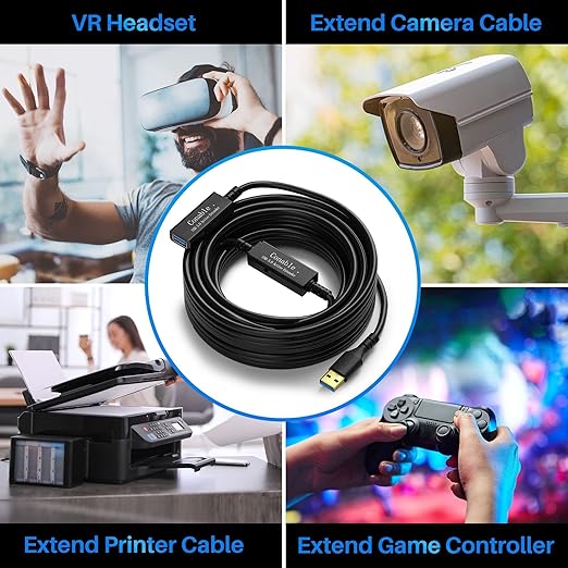 USB 3.0 Active Extension Cable 30 Feet, Long USB Type-A Male to Female Extender Cord, Built-in 2 Signal Booster Smart Chips, 5Gbps Transfer, for Printer, Xbox, Webcam, VR, Hard Drive, USB Hub and More