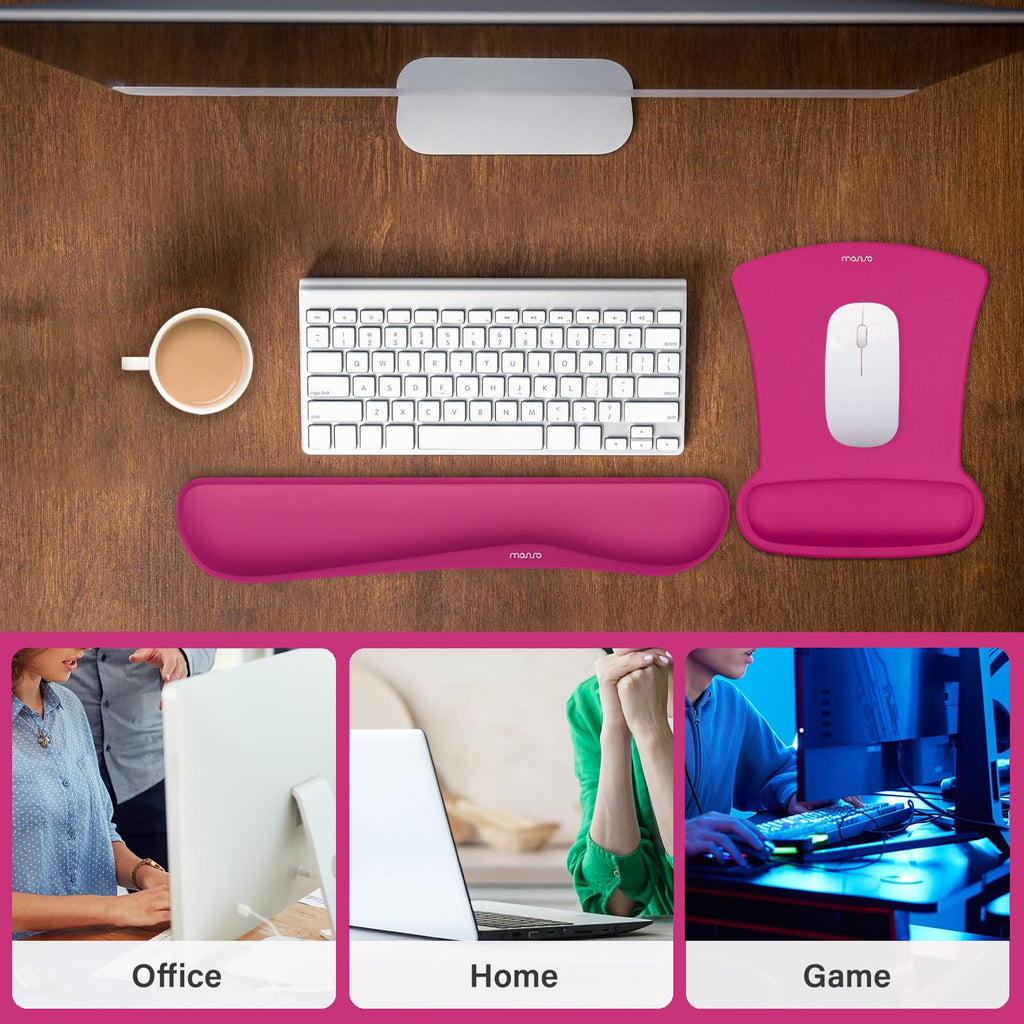 MOSISO Wrist Rest Support for Mouse Pad & Keyboard Set, Ergonomic Mousepad Non-Slip Base Home/Office Pain Relief & Easy Typing Cushion with Neoprene Cloth & Raised Memory Foam, Rose Red